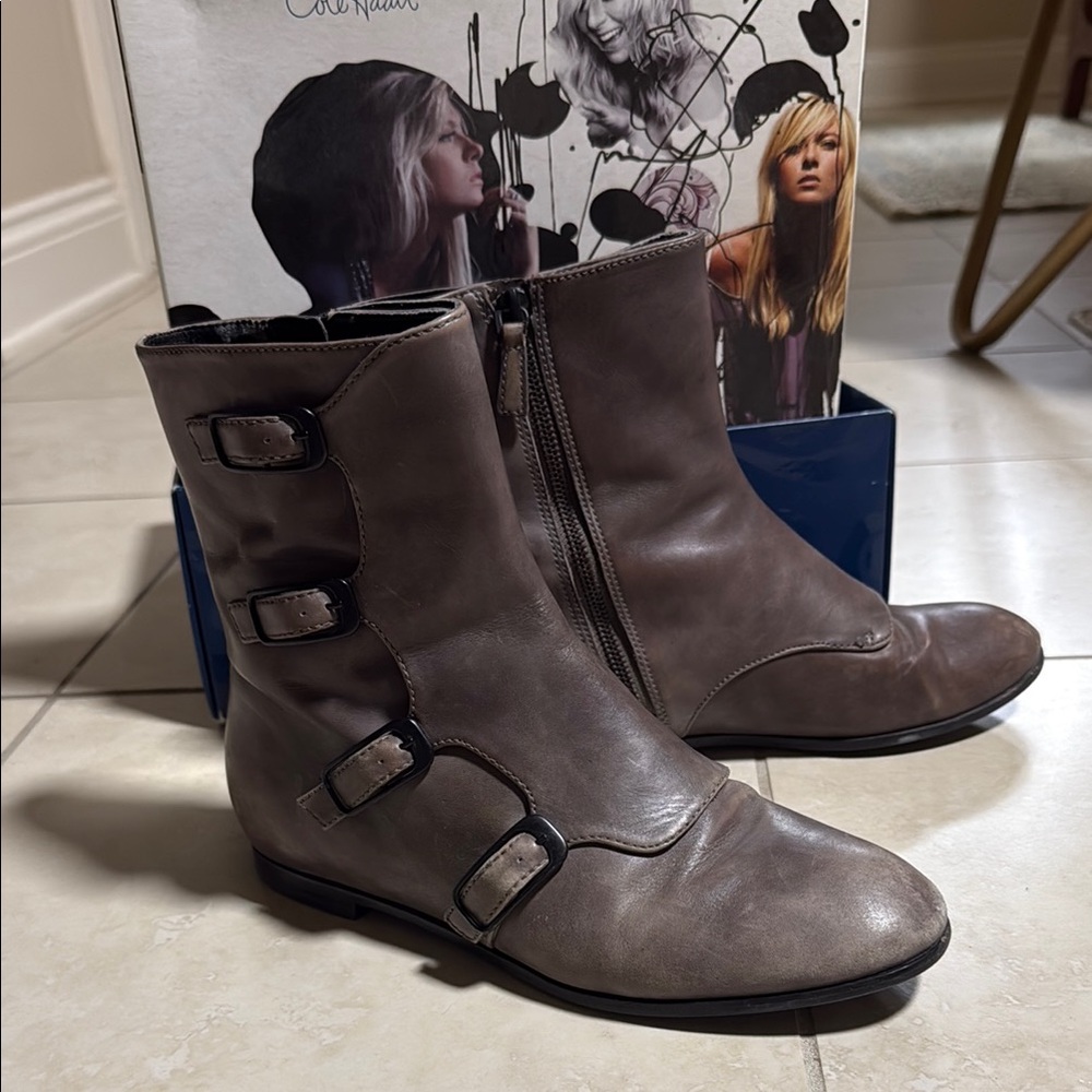 Maria Sharipova for Cole Haan Gray leather Boots with Buckle Detail